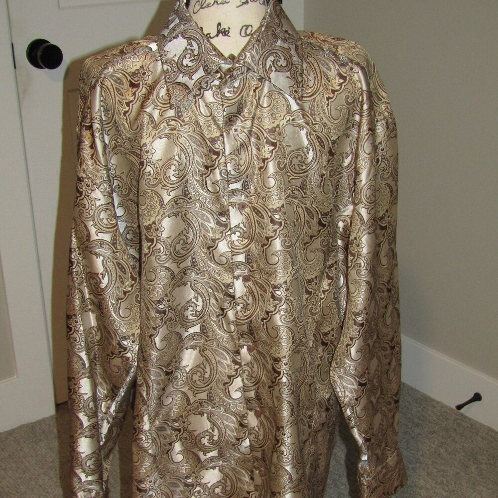 Men's 2XL Leonardi Dress Shirt Beige Paisley Design with Sheen French Cuff